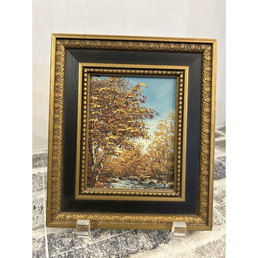 Vintage Impasto Autumn Landscape Oil Painting Ornate Gold Black Frame 7.5”x6.5”